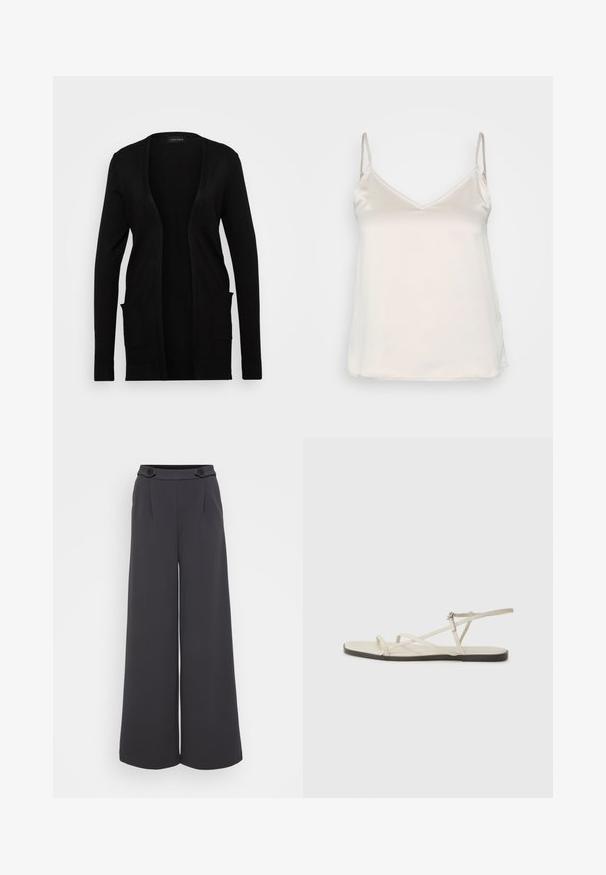 Black cardigan with an open front, made from soft material. It features long sleeves and two front pockets. Simple design with ribbed accents.; Silky beige camisole with thin adjustable straps and a subtle V-neckline, featuring a smooth, non-textured surface.; Wide-leg trousers in dark grey fabric. Features pleats at the front and two decorative buttons on the waistband. Smooth texture and tailored shape.; Beige flat sandal with multiple slender straps and an adjustable buckle. The sole is flat with a slight dark contrast at the edge.