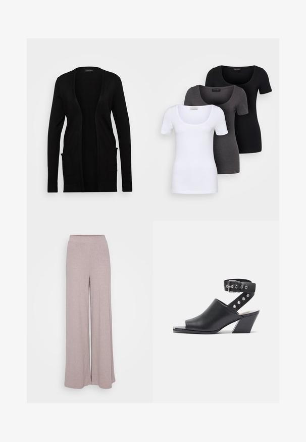 Fekete kardigán nyitott elülső résszel, puhából készült. Hosszú ujjú és két elülső zsebe van. Egyszerű design ribbelt részletekkel.; Három szűkített T-póló fehér, szürke és fekete színben. Mindegyik széles, kerek nyakkal és rövid ujjakkal rendelkezik. Simább, elasztikus anyagból készült.; Széles lábú nadrág puha, bordázott anyagból, világos mályva színben. Rugalmas derékkal rendelkezik a kényelem érdekében és egy áramló sziluettel bír.; Nyitott orrú fekete bőr magassarkú szandál bokapánttal, csatolható záródással és ezüst szegecses díszítéssel az pánton, tömbsarkal.