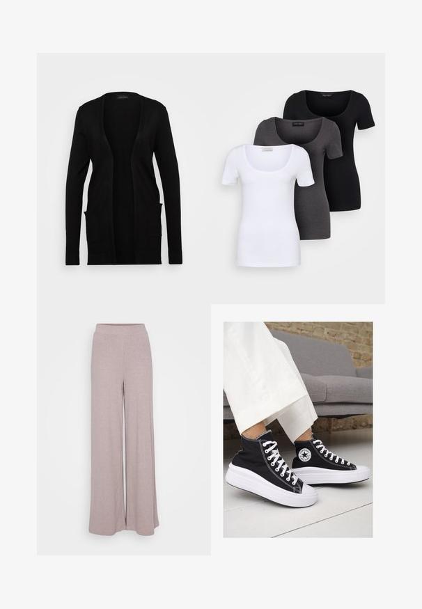 Sort cardigan med åben front, lavet af blødt materiale. Den har lange ærmer og to forlommer. Simpelt design med ribbede detaljer.; Tre tætsiddende T-shirts i hvid, grå og sort. Hver af dem har en bred scoop-udskæring og korte ærmer. Fremstillet af glat, strækbart stof.; Viddebukser lavet af blød, ribbet stof i en lys mauve farve. Har en elastisk talje for komfort og en flydende silhuet.; Sorte høj-top sneakers i lærred med hvide gummisåler og snørebånd. Har et rundt logo på siden og kontrasterende hvide syninger.