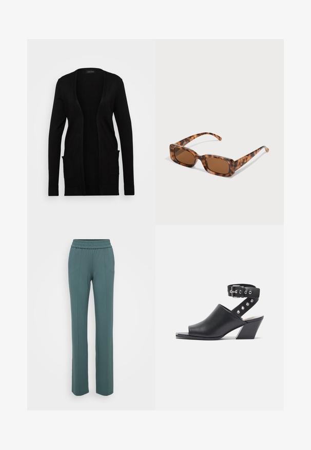 Črn kardigan z odprtim sprednjim delom, izdelan iz mehkega materiala. Ima dolge rokave in dve sprednji žep. Preprost dizajn z rebrastimi detajli.; Tri prilegla majica v beli, sivi in črni barvi. Vsaka ima širok izrez na vratu in kratke rokave. Narejene so iz gladkega, raztegljivega materiala.; Zelene hlače z elastičnim pasom in ravnim krojem, ki vsebujejo navpične šive spredaj ter gladko in mehko teksturo tkanine.; Črne usnjene sandale s peto odprtega prsta in trakovi okoli gležnja, z zaponko za zapiranje in srebrnimi režnji na traku, ter blokasto peto.; Želve sunčane naočale s pravokutnim smešnim lećama, debelim okvirom i tankim ručkama s uzorkom različitih nijansi smeđe boje.