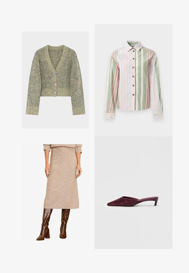 Kortärmad croppad cardigan i ett strukturerat stickat material med en blandning av gröna och grå nyanser, med fyra knappar i silverfärg och en V-ringning.; Randig skjorta i grön, vit och rosa. Har krage, långa ärmar och en rundad nederkant med kontrasterande cuffs och knappar.; En kvinna visar upp en beige stickad tröja och en matchande midikjol, tillsammans med stiliga bruna knähöga stövlar, och står självförtroende.; Burgunderfärgade mules i mjuk mocka, med spetsig tå, öppen häl och en smal, låg klack för en elegant silhuett.