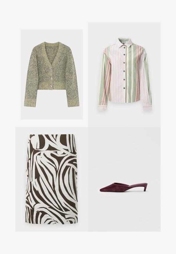 Krátky kardigán s krátkym rukávom z textúrovaného pleteného materiálu s kombináciou zelenej a sivej farby, so štyrmi gombíkmi v striebornej farbe a výstrihom do V.; Prúžkovaná košeľa na gombíky v zeleno-bielej a ružovej farbe. Obsahuje golier, dlhé rukávy a zakrivený lem s kontrastnými manžetami a gombíkmi.; Hnedá a biela ceruzková sukňa s abstraktným vzorom pripomínajúcim zebru, dĺžka po kolená a rovný strih.; Burgundské mule vyrobené z jemného semišu, s špicatou špičkou, otvorenou zadnou časťou a štíhlým, nízkym podpätkom pre elegantný siluetu.
