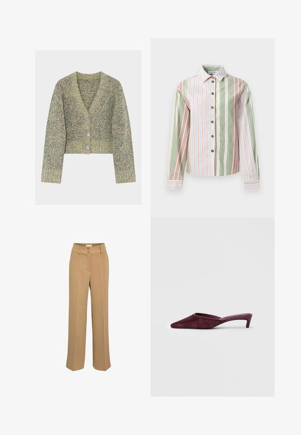Short-sleeve cropped cardigan in a textured knit with a blend of green and gray colors, featuring four silver-tone buttons and a V-neck design.; Striped button-up shirt in green, white, and pink. Features a collar, long sleeves, and a curved hem with contrasting cuffs and buttons.; Tan wide-leg trousers with a smooth texture, featuring a double-button closure and side pockets. Flat front with pressed crease detailing.; Burgundy mules made of soft suede, featuring a pointed toe, open back, and a slender, low heel for a sleek silhouette.
