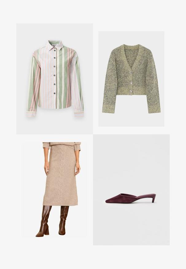 Krátky kardigán s krátkym rukávom z textúrovaného pleteného materiálu s kombináciou zelenej a sivej farby, so štyrmi gombíkmi v striebornej farbe a výstrihom do V.; Prúžkovaná košeľa na gombíky v zeleno-bielej a ružovej farbe. Obsahuje golier, dlhé rukávy a zakrivený lem s kontrastnými manžetami a gombíkmi.; Žena predvádza béžový pletený sveter a zodpovedajúcu midi sukňu, doplnenú o štýlové hnedé čižmy po kolená, stojí s dôverou.; Burgundské mule vyrobené z jemného semišu, s špicatou špičkou, otvorenou zadnou časťou a štíhlým, nízkym podpätkom pre elegantný siluetu.