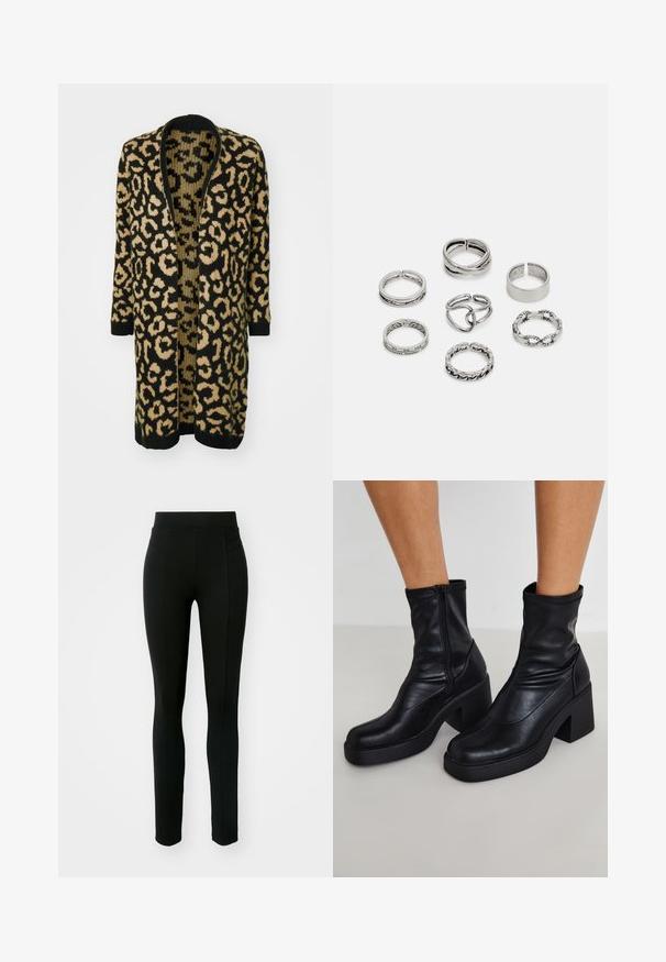 Leopardmönstrad cardigan i svart och beige, med en lös passform, öppen fram och långa ärmar gjord av ett mjukt stickat material.; Svart långärmad bodysuit med hög hals, med heltäckande tyg på torso och genomskinliga meshärmar, designad i en figurnära form.; Svarta leggings i elastiskt material, med hög midja, smal passform och två framfickor utan synliga sömmar.; Svarta läderankelboots med hög klack, med en sidodragkedja, slät yta och en avsmalnande tådesign.; Set med sju silverringar med olika mönster, inklusive vridna, länkade och graverade mönster. Olika former och bredder.