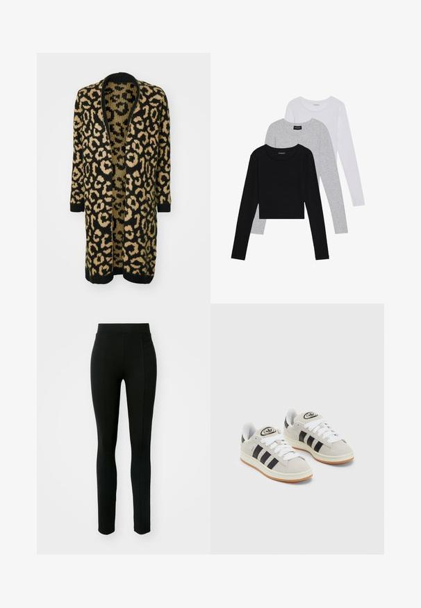 Kardigan z leopardjim vzorom v čiernej a béžovej farbe, s voľným strihom, otvoreným predným dielom a dlhými rukávmi vyrobený z mäkkej pleteniny.; Tri dolga rokava zložena: črna, siva in bela. Vsaka ima okroglo izreznico in skrajšan dizajn z gladkim, lahkotnim materialom.; Črne legice iz raztegljivega materiala, z visokim pasom, oprijetim krojem in dvema sprednjima žepoma brez vidnih šivov.; Sive športne čevlje iz semiša z belimi vezalkami, črnimi črtami in belim gumijastim podplatom. Imajo okroglo oznako na ježku in podplat iz gume.