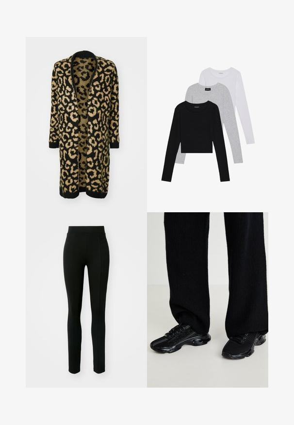 Leoparda raksta kardigans melnā un bēšā krāsā, ar brīvu piegriezumu, atvērtu priekšpusi un garām piedurknēm, izgatavots no mīksta adījuma materiāla.; Trīs garām piedurknēm veidotas augšdaļas, sakrautās: melna, pelēka un balta. Katram ir noapaļots kakla izgriezums un īsa dizaina forma ar gludu, vieglu audumu.; Melni legingi, izgatavoti no elastīga materiāla, ar augstu jostasvietu, šauru piegriezumu un divām priekšējām kabatām bez redzamām šuvēm.; Melni sporta apavi ar strukturētu dzijas augšdaļu, elegantu formu un spīdīgu melnu zoli, satur diskrētas atstarojamās akcentus un saistīšanas dizainu.