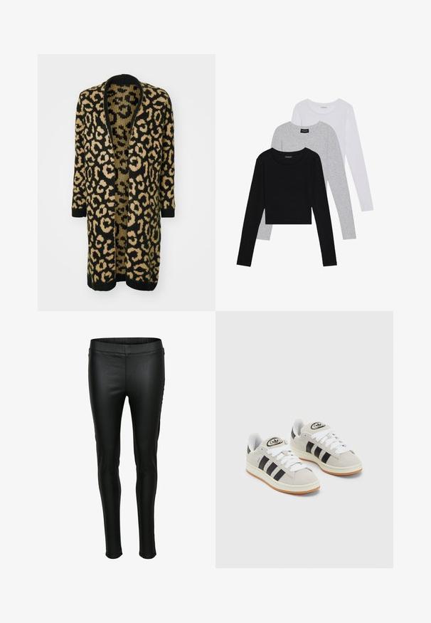 Leopard print cardigan in black and beige, featuring a loose fit, open front, and long sleeves made from a soft knit material.; Three long-sleeve tops stacked: black, grey, and white. Each has a round neckline and a cropped design with smooth, lightweight fabric.; Black faux leather leggings with a smooth texture, fitted silhouette, and elastic waistband. Minimal stitching and no pockets.; Gray suede sneakers with white laces, black stripes, and a white rubber sole. Features a circular logo on the tongue and a gum sole.