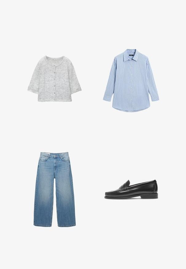 Cardigan lavorato a maglia grigio chiaro con scollo rotondo, bottoni frontali, maniche a ¾ e una finitura morbida e testurizzata.; Camicia azzurro chiaro con righe verticali bianche e sottili rosse, maniche lunghe, colletto classico e orlo curvo.; Jeans a gamba larga di un blu chiaro in denim, con un classico design a cinque tasche e chiusura con bottone. Texture scolorita in tutta la superficie.; Mocassini in pelle nera con finitura liscia, tacco basso e fascia decorativa. Presentano una punta cucita e un design minimalista.