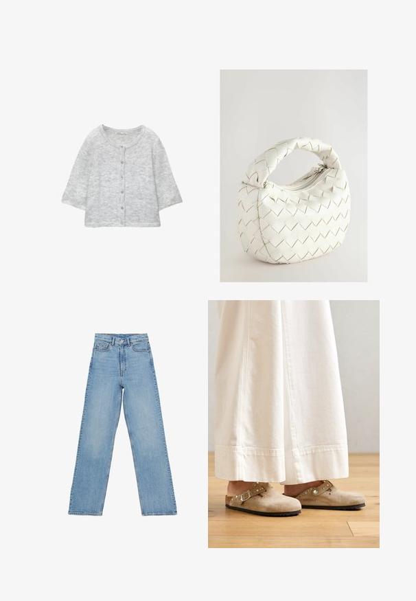 Světle šedý pletený cardigan s kulatým výstřihem, předními knoflíky, ¾ rukávy a měkkým, texturovaným povrchem.; Světle modrá košile na knoflíky s vertikálními bílými a tenkými červenými pruhy, dlouhými rukávy, klasickým límcem a zakřiveným spodním lemem.; Světle modré denimové džíny s vysokým pasem a rovnými nohavicemi, obsahující pět kapes a knoflíkový zip. Bez viditelných vzorů.; Béžové semišové dřeváky se přezkou a zdobením hřebíky, nošené s bílými širokými kalhotami, umístěné na dřevěné podlaze.; Bílá tkaná kabelka s zaoblenou rukojetí, vybavená zipovým uzávěrem a polstrovanou texturou. Hladký povrch a geometrický vzor na přední straně.