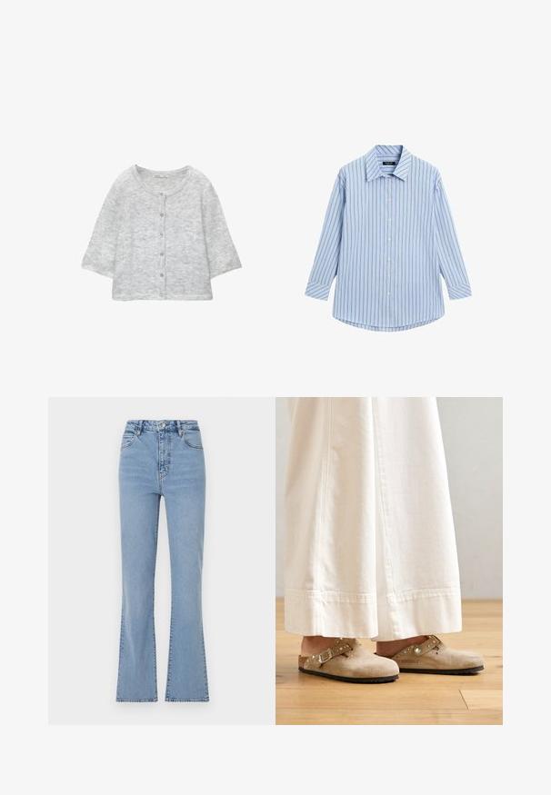 Lys grå strikket cardigan med rund halsudskæring, frontknapper, ¾ ærmer og en blød, tekstureret overflade.; Lyseblå skjorte med knaplukning, vertikale hvide og tynde røde striber, lange ærmer, klassisk krave og en buet kanten.; Lyseblå flagrende jeans med høj talje, lavet af denim. Har en frontlukning med knap og lynlås, samt synlige syninger langs sømmene.; Beige ruskinds clogs med en spænde og nikkede accenter, iført med hvide brede bukser, sat på et trægulv.