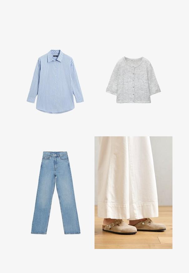 Lys grå strikket cardigan med rund halsudskæring, frontknapper, ¾ ærmer og en blød, tekstureret overflade.; Lyseblå skjorte med knaplukning, vertikale hvide og tynde røde striber, lange ærmer, klassisk krave og en buet kanten.; Lys blå denim jeans med høj talje, lige ben-design, der har fem lommer og en knaplukning. Ingen synlige mønstre.; Beige ruskinds clogs med en spænde og nikkede accenter, iført med hvide brede bukser, sat på et trægulv.