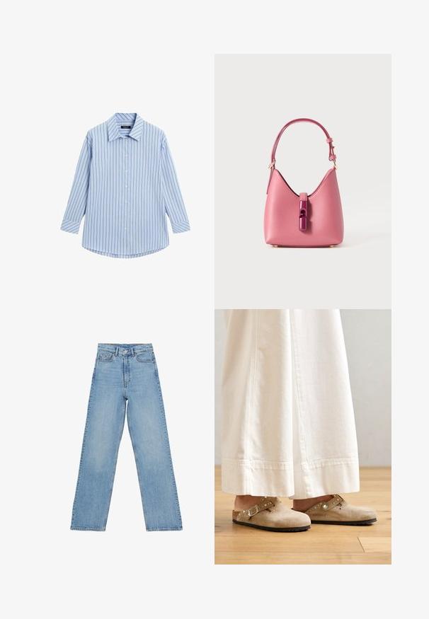 Lys grå strikket cardigan med rund halsudskæring, frontknapper, ¾ ærmer og en blød, tekstureret overflade.; Lyseblå skjorte med knaplukning, vertikale hvide og tynde røde striber, lange ærmer, klassisk krave og en buet kanten.; Lys blå denim jeans med høj talje, lige ben-design, der har fem lommer og en knaplukning. Ingen synlige mønstre.; Beige ruskinds clogs med en spænde og nikkede accenter, iført med hvide brede bukser, sat på et trægulv.; Lyserød læderhåndtaske med en struktureret form, der har en blank accenteringslås og en enkelt justerbar rem. Tekstureret finish med guldhardware.
