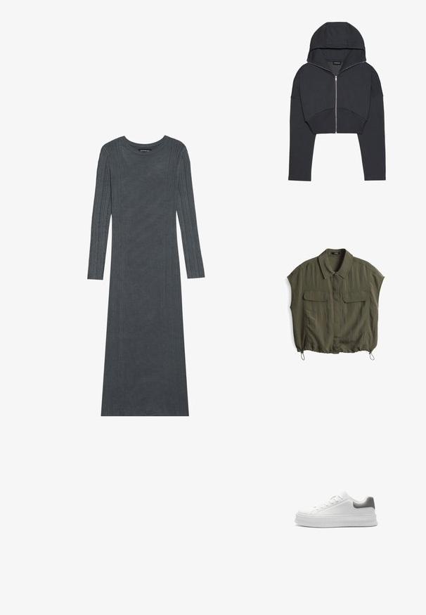 Felpa nera tagliata, realizzata in un tessuto morbido, con zip frontale, ampio cappuccio e polsi a coste. Presenta un design minimalista senza pattern.; Camicia a maniche corte verde oliva con colletto, due tasche frontali e orlo regolabile con cordino. Realizzata in un tessuto leggero e stropicciato.; Abito a maniche lunghe di colore grigio scuro realizzato in morbido tessuto a maglia. Presenta righe verticali texturizzate lungo le maniche e il corpo. Collo rotondo.; Sneaker bianco con tomaia in sintetico liscio, accento sul tallone grigio testurizzato, punta rotonda e suola spessa a coste. Design con lacci e branding minimale.