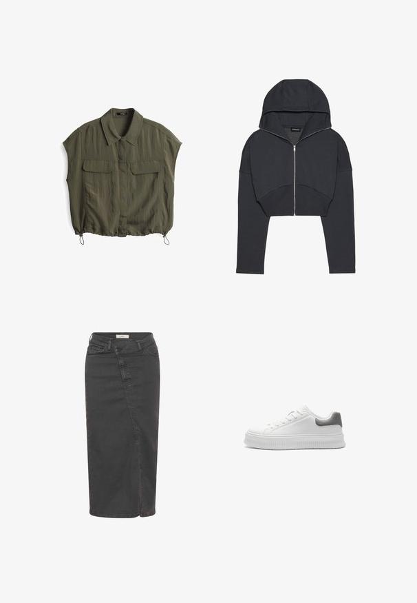 Gekürzter schwarzer Hoodie aus weichem Stoff mit Reißverschluss vorne, großer Kapuze und gerippten Bündchen. Hat ein minimalistisches Design ohne Muster.; Olivenfarbendes Kurzarmhemd mit Kragen, zwei Fronttaschen und verstellbarem Kordelzugsaum. Hergestellt aus leichtem, strapazierfähigem Gewebe.; Grauer Denim-Midirock mit taillierter Passform, vorderem Nahtdetail und gerader Silhouette. Verfügt über klassische Taschen und kontrastierende Nähte.; Weißer Sneaker mit glattem synthetischen Obermaterial, strukturiertem grauem Fersenakzent, runder Zehenpartie und dicker gerillter Sohle. Schnürdesign mit minimaler Markenkennzeichnung.