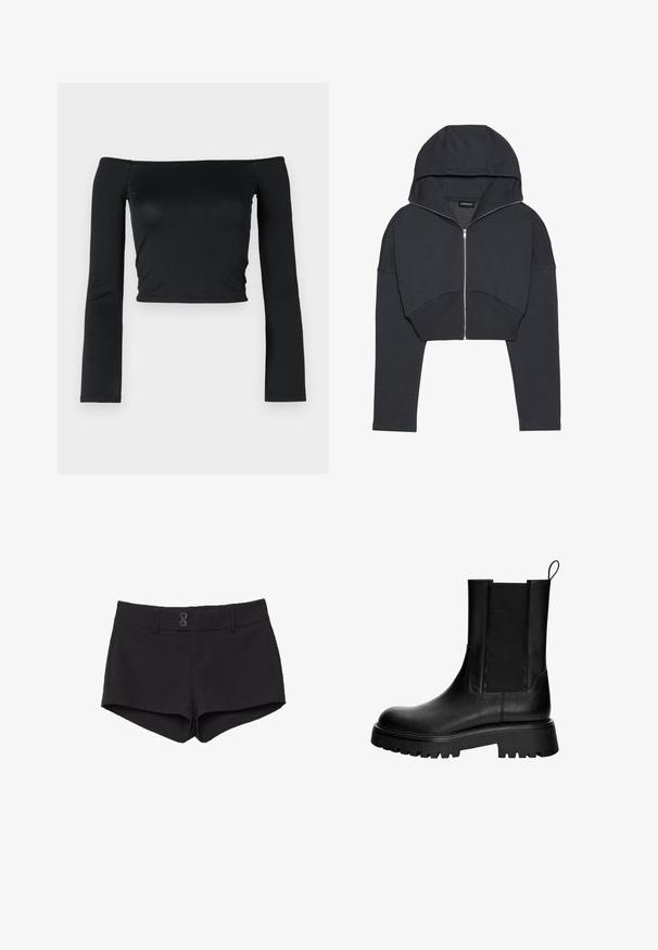 Afskåret sort hættetrøje lavet af blødt materiale med lynlås foran, stor hætte og ribbede manchetter. Har et minimalistisk design uden mønstre.; Sort cropped top med lange, tætsiddende ærmer og en off-the-shoulder udskæring, lavet af blødt, glat stof. Simpelt og tætsiddende design.; Sorte shorts lavet af stof med en glat tekstur. Har en talje, to frontlommer og to sorte knaplukninger foran.; Sort læder ankelstøvle med en glat overflade, elastiske sideskinner og en kraftig sål med dyb struktur. Sløjfe bagtil for nem påtagning.