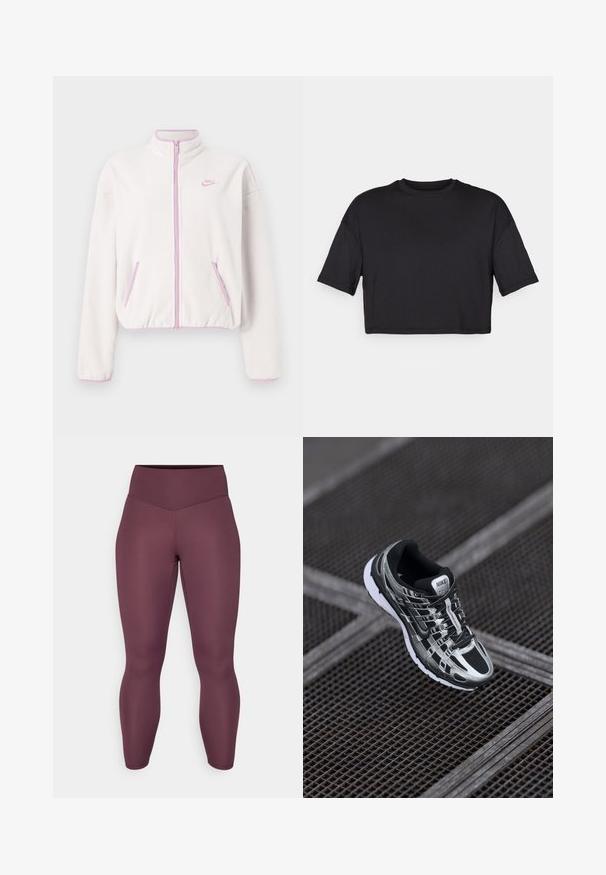 Valkoinen fleece-takki, jossa on korkea kaulus, vaaleanpunainen vetoketju ja reunat. Takissa on kaksi etutaskua ja pieni vaaleanpunainen logo vasemmassa rinnassa.; Musta lyhythihainen crop-top, joka on valmistettu pehmeästä kankaasta. Siinä on pyöreä pääntie ja lyhyet, leveät hihat, sekä yksinkertainen, saumaton muotoilu.; Vartalolle tiukasti istuvat, korkeavyötäröiset legginssit syvän burgundin värisessä sävyssä. Valmistettu sileästä, joustavasta kankaasta ilman näkyviä kuvioita tai metalliosia.; Nike juoksukengät, joissa on musta ja hopea väriyhdistelmä, verkkomainen päällinen, karkea pohja ja sidontajärjestelmä varman istuvuuden takaamiseksi.