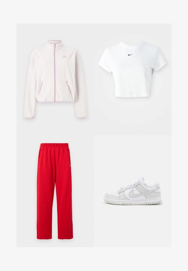 Hvit fleecejakke med høy krage, rosa glidelås og detaljer, med to front lommer og en liten rosa logo på venstre bryst.; Hvit avkortet t-skjorte laget av bomull, med korte ermer og rund hals, med en svart Nike-logo på brystet.; Røde treningsbukser med elastisk midje, sidelommer og en hvit Nike-logo på venstre side. Laget av et glatt stoff.; Hvite lær sneakers med grå detaljer, perforert tå, flate lisser, polstret krage og en teksturert gummisåle.