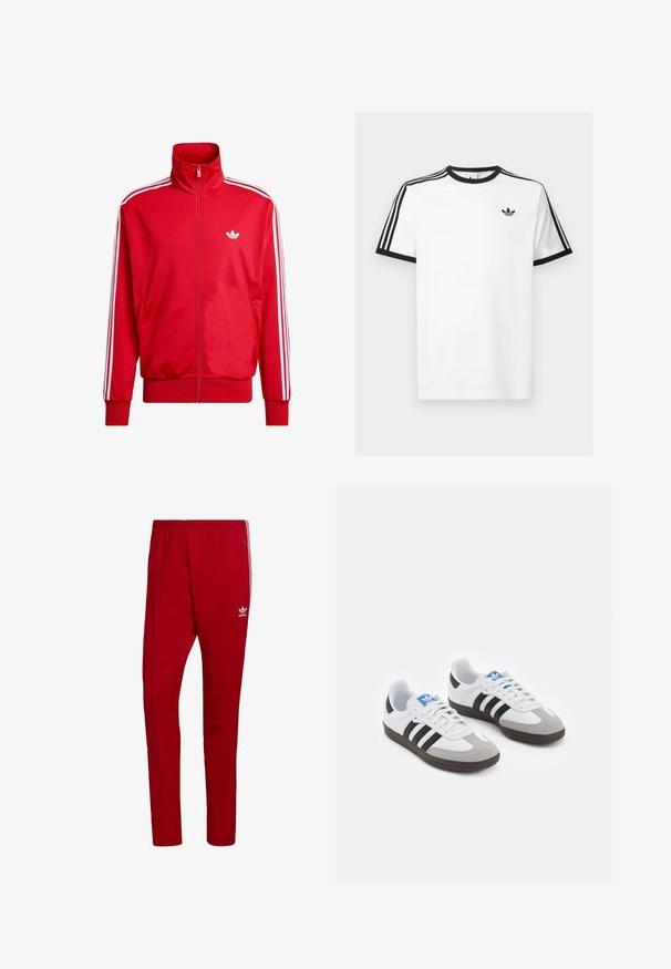 Casaco de fato de treino com fecho de correr vermelho, feito de tecido suave, com riscas brancas nas mangas e um pequeno logótipo branco no peito.; T-shirt de algodão branco com decote e mangas caneladas pretas, apresentando três riscas pretas em cada ombro e um pequeno logotipo no peito.; Calças atleticas vermelhas com um cós elástico, bolsos laterais com fecho zipper e três riscas brancas nas laterais. Apresenta um pequeno logotipo na coxa.; Ténis desportivos com um cabedal em pele branca, biqueira em camurça cinza e três riscas pretas. Apresenta um logo azul na língua e uma sola de borracha texturizada.