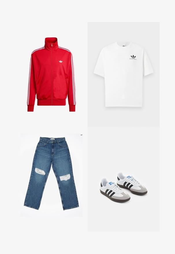 Punane lukuga dressipluus, valmistatud siledast kangast, millel on valged triibud varrukatel ja väike valge logo rinnal.; Valge puuvillane T-särk lühikeste varrukatega, mille esitupal on must "BASKETBALL" logo ja ikooniline kolmerealine disain.; Heledad sinine denim teksad sirge lõikega, millel on kaks kulunud põlvekohatuge ja tavaline viie tasku stiil.; Spordijalatsid valge nahkpealsega, halli nubuk-naha otsaga ja kolme musta triibuga. Omab sinist logo keele peal ja struktureeritud kummitalda.