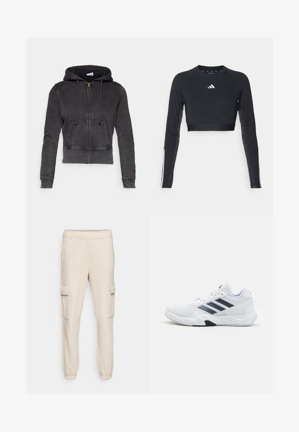 Sötétszürke, pamut keverékből készült, rövidített kapucnis pulóver, elől cipzárral, állítható húzózsinórral és kenguruzsebbel. Kicsi logó található a mellkasán.; Fekete, cropped, hosszú ujjú edzőfelső sima anyagból. Fehér logó található a mellkasán, valamint csíkozott díszítések az ujjakon.; Puha anyagból készült bézs cargo nadrág, elasztikus derékpánttal, két oldalsó zsebbel és bordázott szegéllyel a bokáknál.; Fehér sportcipő, hálós felsőrésszel, az oldalon három fekete csíkkal, textúrázott részletekkel és egy tartós gumi talppal, amelynek ellentétes fekete szakasza van.