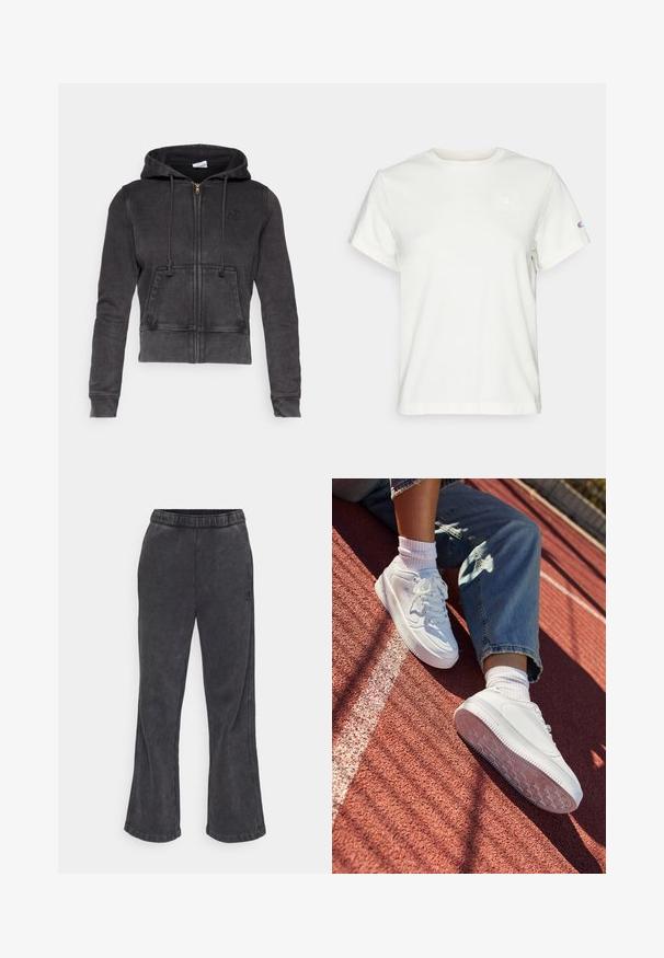 Mørkegrå, kort hoodie laget av bomullsblanding med frontglidelås, justerbare snorbind og kengurulomme. Har en liten logo på brystet.; Hvit kortermet bomulls T-skjorte med rund hals og en liten logo øverst til venstre på brystet. Myk tekstur og standard passform.; Utsvingte joggebukser i mørkegrått stoff med myk tekstur. Har elastisk midjebånd og brodert logo på siden.; HVITE lær sneakers med perforert tå, flate lisser og gummiseks. Båret med hvite sokker og lyseblå jeans, på en rød løpebane.