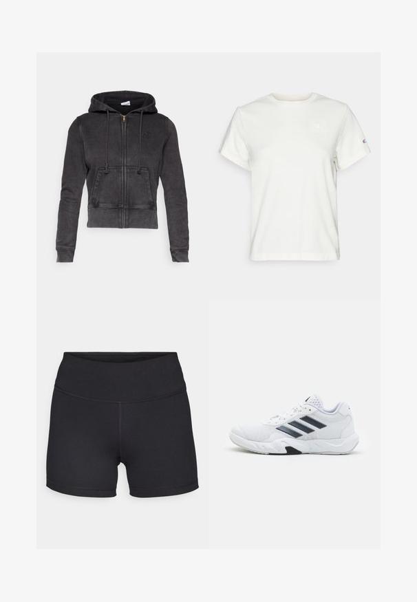 Temno siv krojeni hoodie iz mešane bombažne tkanine, z sprednjim zadrgo, nastavljivimi vrvicami in kenguru žepom. Značilna je majhna oznaka na prsnem delu.; Bela kratka bombažna majica s kratkimi rokavi in krožnim izrezom ter majhnim logotipom na zgornjem levem prsnem delu. Mehka tekstura in standardna prileganja.; Champion TRAINING SOFT TOUCH BIKER SHORTS - Pajkice - black; Bela atletska čevlja z mrežastim zgornjim delom, tremi črnimi črtami na strani, teksturiranimi dodatki in trdim gumijastim podplatom z kontrastnim črnim delom.