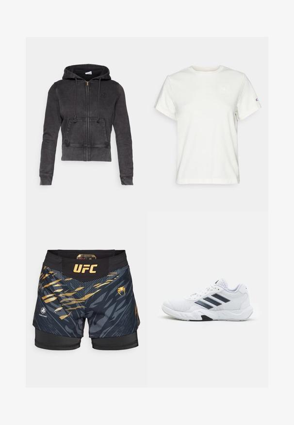Tamsiai pilkas sijonuotas džemperis, pagamintas iš medvilnės ir poliesterio mišinio, su priekiu užtrauktuku, reguliuojamomis raištelėmis ir kengūros kišenėle. Ant krūtinės yra mažas logotipas.; Balta trumpa medvilnė T-maišis su apvaliu iškirpimu ir maža logo virš kairės krūtinės pusės. Minkšta tekstūra ir standartinis pritaikymas.; Juodi mišrūs kovų šortai su dinamišku auksiniu grafikos dizainu, UFC logotipu ir tvirtinamu elastingu juosmeniu. Tekstūruoti audinio akcentai.; Baltas sportinis batelis su tinklelio viršumi, trimis juodomis juostelėmis šone, tekstūruotais akcentais ir tvirtu guminio pado su kontrastinga juoda dalimi.