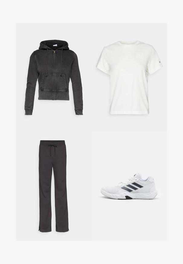 Dark gray cropped hoodie made of cotton blend with a front zipper, adjustable drawstrings, and a kangaroo pocket. Features a small logo on chest.; White short-sleeve cotton T-shirt with a crew neckline and a small logo on the upper left chest. Soft texture and standard fit.; Black athletic pants with a drawstring waist, straight legs, and side slits at the hem. Made from soft, stretchy fabric.; White athletic shoe with mesh upper, three black stripes on the side, textured accents, and a sturdy rubber sole with a contrasting black section.
