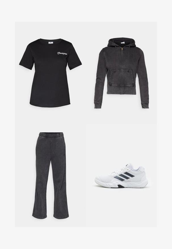 Dunkelgrauer, verkürzter Hoodie aus Baumwollmischung mit einem Frontreißverschluss, verstellbaren Kordeln und einer Kängurutasche. Mit kleinem Logo auf der Brust.; Schwarzes Kurzarm-T-Shirt aus Baumwolle mit einem kleinen weißen „Champion“-Logo, das auf der linken Brust gestickt ist. Klassische Passform.; Weit geschnittene Sweatpants aus dunkelgrauem Stoff mit weicher Textur. Verfügt über einen elastischen Bund und ein gesticktes Logo an der Seite.; Weißer Sportschuh mit Mesh-Obermaterial, drei schwarzen Streifen an der Seite, strukturierten Akzenten und einer robusten Gummisohle mit einem kontrastierenden schwarzen Bereich.