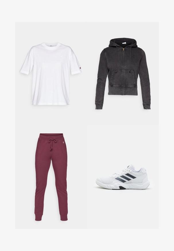 Dunkelgrauer, verkürzter Hoodie aus Baumwollmischung mit einem Frontreißverschluss, verstellbaren Kordeln und einer Kängurutasche. Mit kleinem Logo auf der Brust.; Weißes Baumwoll-T-Shirt mit Rundhalsausschnitt, kurzen Ärmeln und einem kleinen Logo auf der linken Brust. Verfügt über eine lockere Passform und eine einfarbige Gestaltung.; Bordeauxfarbene Jogginghosen aus weichem Material mit einem Kordelzugbund, gerippten Bündchen und einem kleinen Logo-Detail an der Hüfte.; Weißer Sportschuh mit Mesh-Obermaterial, drei schwarzen Streifen an der Seite, strukturierten Akzenten und einer robusten Gummisohle mit einem kontrastierenden schwarzen Bereich.