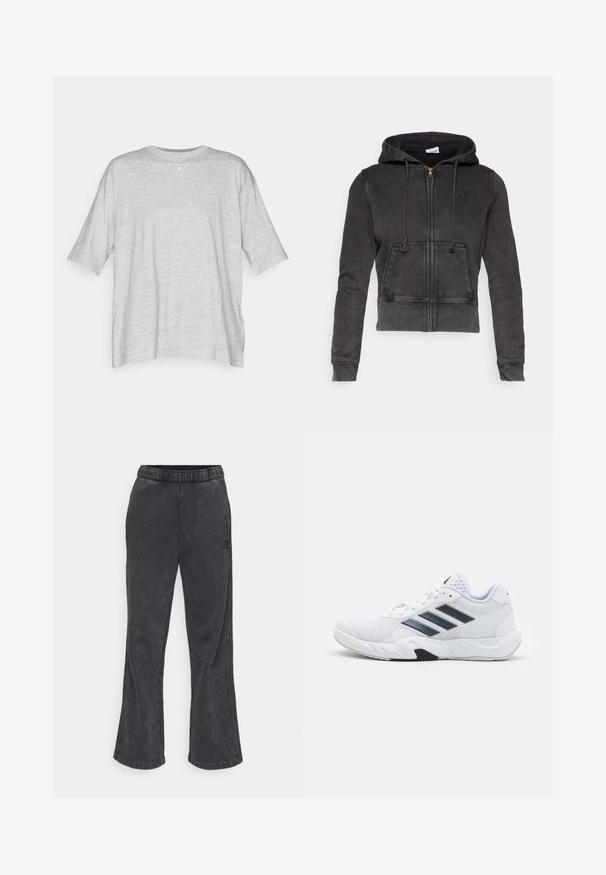 Dark gray cropped hoodie made of cotton blend with a front zipper, adjustable drawstrings, and a kangaroo pocket. Features a small logo on chest.; Champion ICONS OVERSIZE CREWNECK - Print T-shirt - grey; Flared sweatpants in dark gray fabric with a soft texture. Features an elastic waistband and an embroidered logo on the side.; White athletic shoe with mesh upper, three black stripes on the side, textured accents, and a sturdy rubber sole with a contrasting black section.