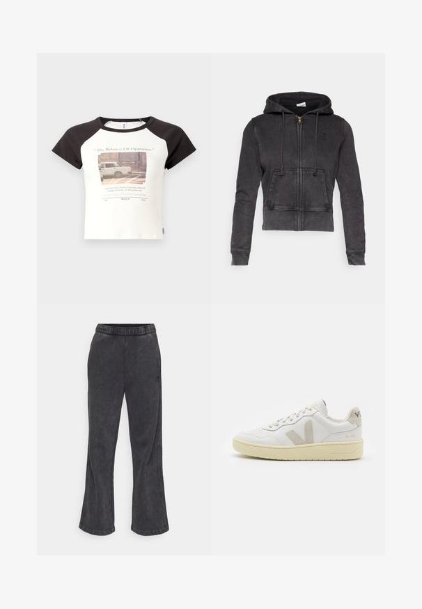 Dark gray cropped hoodie made of cotton blend with a front zipper, adjustable drawstrings, and a kangaroo pocket. Features a small logo on chest.; Short-sleeve t-shirt with a white body and black raglan sleeves. Front features a printed graphic and text. Made of cotton blend fabric.; Flared sweatpants in dark gray fabric with a soft texture. Features an elastic waistband and an embroidered logo on the side.; White leather sneaker with beige suede accents, perforated toe box, flat laces, and a textured cream sole. Features subtle branding on heel.