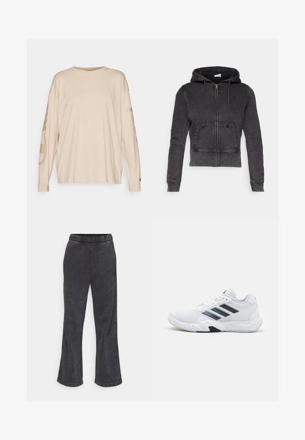 Temno siv krojeni hoodie iz mešane bombažne tkanine, z sprednjim zadrgo, nastavljivimi vrvicami in kenguru žepom. Značilna je majhna oznaka na prsnem delu.; Champion ICONS OVERSIZE LONG SLEEVE - Majica z dolgimi rokavi - beige; Razširjene trenirke iz temno sive tkanine z mehakim videzom. Imajo elastičen pas in vezeno logo na strani.; Bela atletska čevlja z mrežastim zgornjim delom, tremi črnimi črtami na strani, teksturiranimi dodatki in trdim gumijastim podplatom z kontrastnim črnim delom.