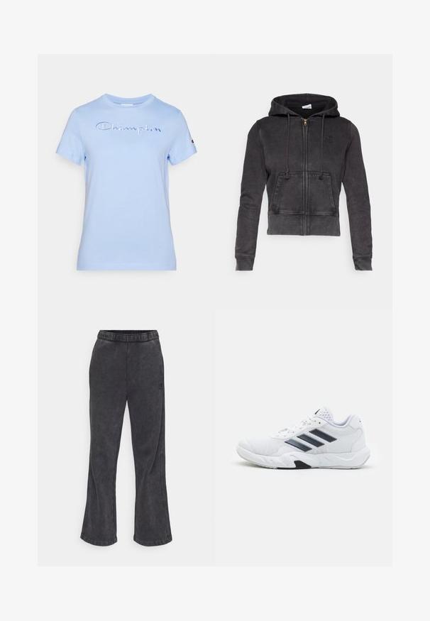 Hoodie cropped em cinza escuro, feito de uma mistura de algodão, com um fecho na frente, cordões ajustáveis e um bolso canguru. Apresenta um pequeno logótipo no peito.; T-shirt de algodão azul claro com mangas curtas, apresentando um logotipo "Champion" bordado em azul mais escuro ao longo do peito. Decote redondo clássico.; Calças de moletão largas em tecido cinza escuro com uma textura suave. Apresentam uma cintura elástica e um logótipo bordado na lateral.; Tênis atlético branco com parte superior em malha, três listras pretas de cada lado, detalhes texturizados e uma sola de borracha resistente com uma seção preta contrastante.