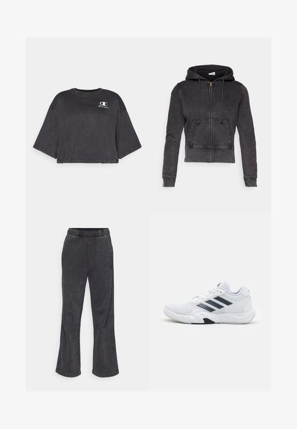 Tumehall villane lühike kapuutsiga jakk, millel on ees tõmblukk, reguleeritavad paelad ja ees varrukas. Rinnal on väike logo.; Lühikeste varrukatega must puuvillane t-särgi, ümar kaelus ja laiade varrukatega, mille rinnal on väike valge Championi logo.; Tumed värvid laienevad dressipüksid pehmest tumedast hallist kangast. Omavad elastset vöökohta ja külgedel on brodeeritud logo.; Valge spordijalats, millel on võrkpealne, kolm musta triipu küljepeal, tekstuuriga aktsendid ning tugev kummist tallaosa, millel on kontrastne must osa.