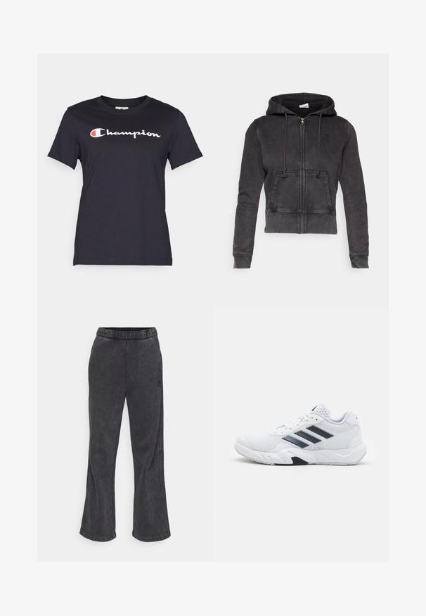 Hoodie cropped em cinza escuro, feito de uma mistura de algodão, com um fecho na frente, cordões ajustáveis e um bolso canguru. Apresenta um pequeno logótipo no peito.; Camiseta de manga curta preta feita de algodão, com um grande logotipo branco "Champion" no peito, acompanhado de detalhes em vermelho.; Calças de moletão largas em tecido cinza escuro com uma textura suave. Apresentam uma cintura elástica e um logótipo bordado na lateral.; Tênis atlético branco com parte superior em malha, três listras pretas de cada lado, detalhes texturizados e uma sola de borracha resistente com uma seção preta contrastante.