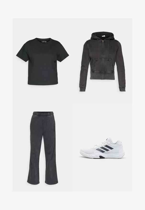 Tmavě šedá zkrácená mikina s kapucí vyrobená z bavlněné směsi, se zapínáním na zip vpředu, nastavitelnými šňůrkami a klokankou. Obsahuje malé logo na hrudi.; Černé zkrácené tričko vyrobené z měkkého materiálu. Krátké rukávy, kulatý výstřih a decentní logo na přední straně. Rovný lem, minimalistický design.; Zúžené tepláky ve tmavě šedé látce s měkkou texturou. Obsahují elastický pas a vyšívané logo na boku.; Bílé sportovní boty s vrškem ze síťoviny, třemi černými pruhy po stranách, texturovanými akcenty a odolnou gumovou podrážkou s kontrastní černou částí.