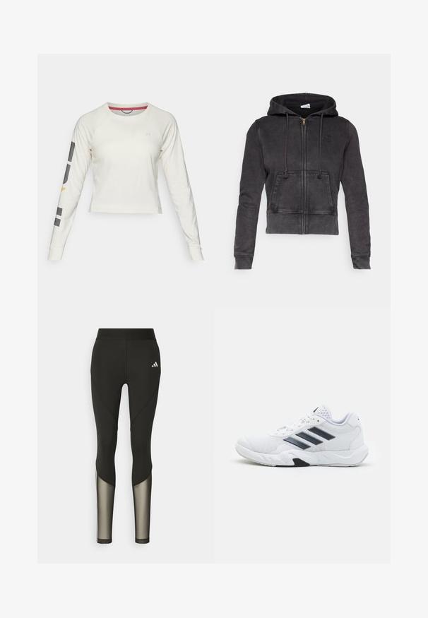Tummanharmaa lyhyt huppari, joka on valmistettu puuvillaseoksesta, edessä vetoketjulla, säädettävillä nyöreillä ja kenguru-taskulla. Rinnassa on pieni logo.; Vaaleankerman pitkähihaisessa crop-topissa on raglan-hihat, ja siinä on pieni logo rinnassa sekä graafisia yksityiskohtia vasemmassa hihassa.; Mustat urheilulegginsit, joissa on korkea vyötärö, verkko-osat alaraajoissa ja brodeerattu logo lantion kohdalla.; Valkoiset urheilukengät, joissa on verkkomateriaali päällisessä, kolme mustaa raitaa sivussa, teksturoidut yksityiskohdat ja kestävä kumipohja, jossa on kontrastina musta osa.