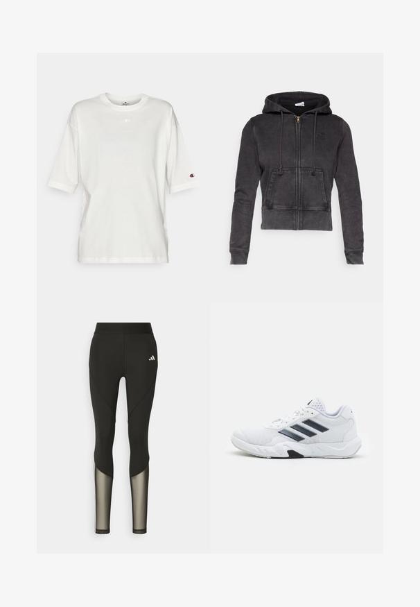 Donkergrijze cropped hoodie van een katoenmix met een voorrits, verstelbare koorden en een kangoeroezak. Heeft een klein logo op de borst.; Champion ICONS OVERSIZE CREWNECK - T-shirt print - white; Zwarte sportleggings met een hoge tailleband, voorzien van meshaccenten op de onderbenen en een geborduurd logo op de heup.; Witte sportieve schoen met een bovenwerk van mesh, drie zwarte strepen aan de zijkant, gestructureerde accenten en een stevige rubberen zool met een contrasterend zwart gedeelte.