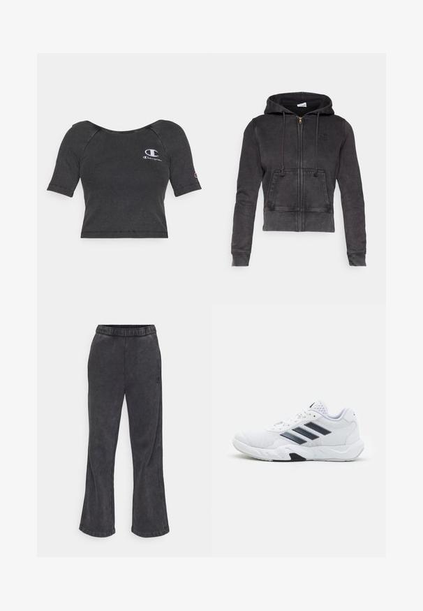 Σκούρο γκρι κοντό φούτερ με λάστιχο, κατασκευασμένο από βαμβακερό μείγμα, με μπροστινό φερμουάρ, ρυθμιζόμενο κορδόνι και τσέπη καγκουρό. Διαθέτει ένα μικρό λογότυπο στο στήθος.; Μαύρο κοντομάνικο μπλουζάκι με ρίγες και στρογγυλή λαιμόκοψη, με λευκό κεντητό λογότυπο στο αριστερό στήθος και στο μανίκι.; Φαρδιά φόρμες σε σκούρο γκρι ύφασμα με μαλακή υφή. Διαθέτουν ελαστική μέση και κεντημένο λογότυπο στο πλάι.; Λευκό αθλητικό παπούτσι με πλέγμα στην άνω επιφάνεια, τρεις μαύρες ρίγες στο πλάι, υφές με αντίθεση, και ανθεκτική καουτσούκ σόλα με μια αντιπαραβαλλόμενη μαύρη περιοχή.