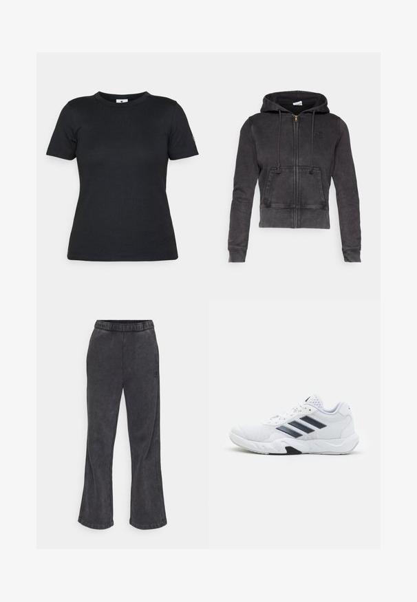 Sötétszürke, pamut keverékből készült, rövidített kapucnis pulóver, elől cipzárral, állítható húzózsinórral és kenguruzsebbel. Kicsi logó található a mellkasán.; Fekete pamut póló rövid ujjakkal, kerek nyakkivágással és logós díszítéssel az ujjon. Sima textúra és egyszerű, klasszikus dizájn.; Sötétszürke, puha anyagú, bővülő fazonú melegítőnadrág. Rugalmas derékpánttal és hímezett logóval a szijnen.; Fehér sportcipő, hálós felsőrésszel, az oldalon három fekete csíkkal, textúrázott részletekkel és egy tartós gumi talppal, amelynek ellentétes fekete szakasza van.