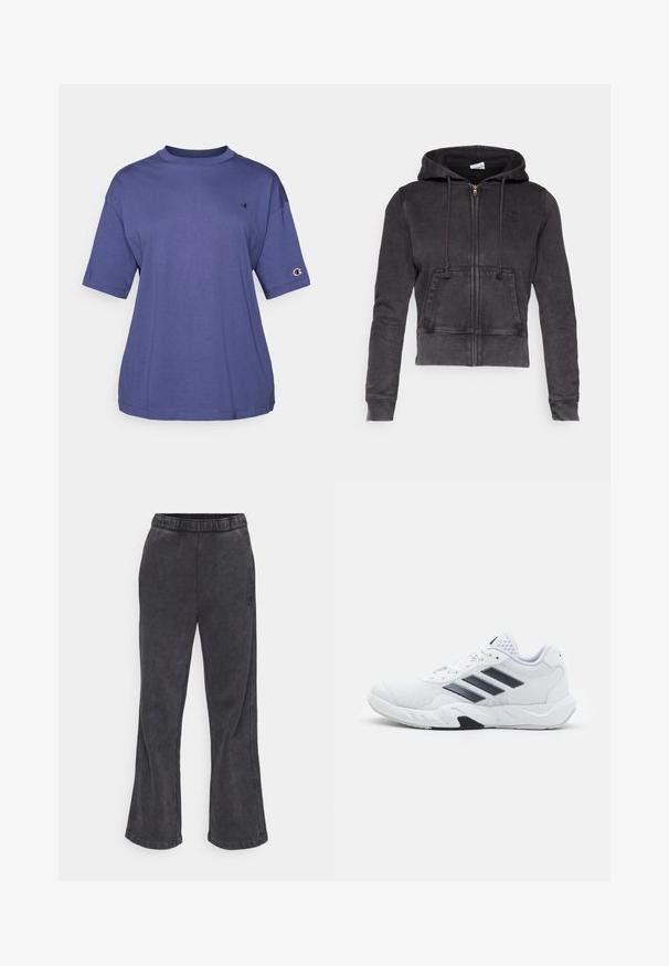 Tmavě šedá zkrácená mikina s kapucí vyrobená z bavlněné směsi, se zapínáním na zip vpředu, nastavitelnými šňůrkami a klokankou. Obsahuje malé logo na hrudi.; Fialové bavlněné tričko s krátkým rukávem a kulatým výstřihem, na hrudi s malým logem a s logem na nápletu rukávu.; Zúžené tepláky ve tmavě šedé látce s měkkou texturou. Obsahují elastický pas a vyšívané logo na boku.; Bílé sportovní boty s vrškem ze síťoviny, třemi černými pruhy po stranách, texturovanými akcenty a odolnou gumovou podrážkou s kontrastní černou částí.