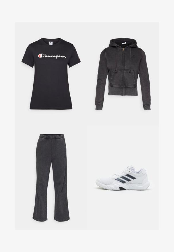 Sötétszürke, pamut keverékből készült, rövidített kapucnis pulóver, elől cipzárral, állítható húzózsinórral és kenguruzsebbel. Kicsi logó található a mellkasán.; Fekete pamut póló rövid ujjakkal, kerek nyakkal és egy nagy fehér "Champion" logóval, piros részlettel a bal mellen.; Sötétszürke, puha anyagú, bővülő fazonú melegítőnadrág. Rugalmas derékpánttal és hímezett logóval a szijnen.; Fehér sportcipő, hálós felsőrésszel, az oldalon három fekete csíkkal, textúrázott részletekkel és egy tartós gumi talppal, amelynek ellentétes fekete szakasza van.
