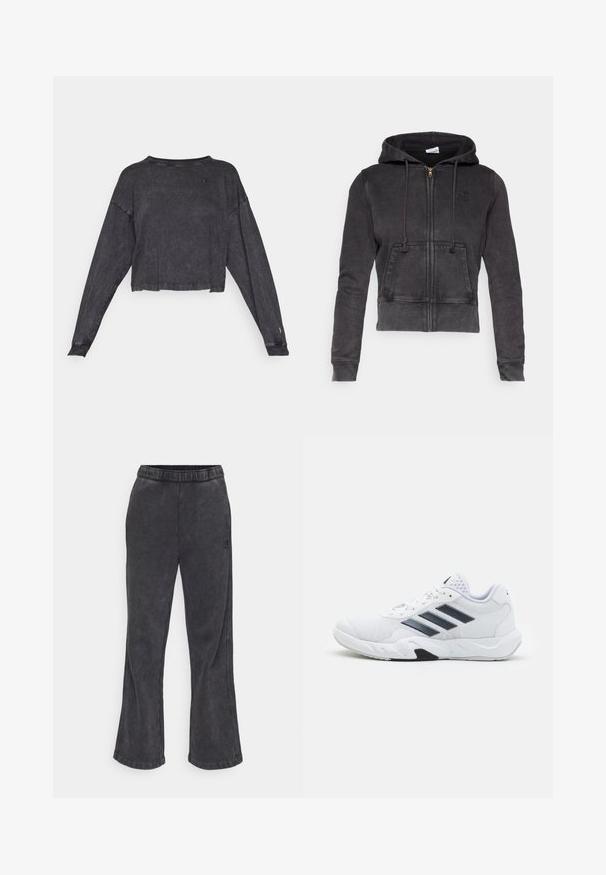 Tmavě šedá zkrácená mikina s kapucí vyrobená z bavlněné směsi, se zapínáním na zip vpředu, nastavitelnými šňůrkami a klokankou. Obsahuje malé logo na hrudi.; Černá zkrácená mikina s dlouhými rukávy, s texturovaným povrchem a kulatým výstřihem. Obsahuje malé logo na levé části hrudi a žebrované manžety.; Zúžené tepláky ve tmavě šedé látce s měkkou texturou. Obsahují elastický pas a vyšívané logo na boku.; Bílé sportovní boty s vrškem ze síťoviny, třemi černými pruhy po stranách, texturovanými akcenty a odolnou gumovou podrážkou s kontrastní černou částí.