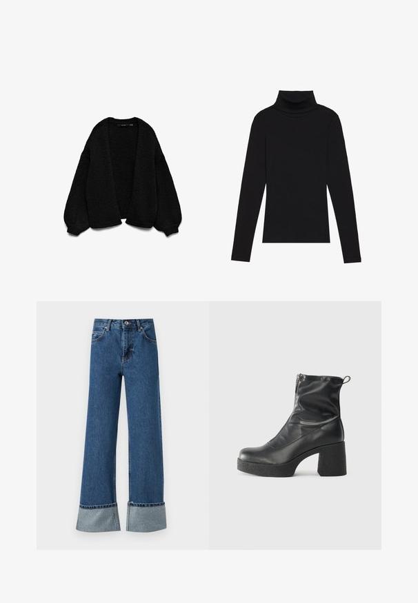 Must mustri kootud kardigan tekstuuriga viimistlusega, avatud ees, üleöö suurte varrukatega. Omab soonikuid mansettide ja äärte piirkonnas.; Mustavööne, pika varrukaga kõrge kaelusega T-särk, mis on valmistatud ribakanga materjalist, omab sobivat disaini ja ei sisalda mustreid ega aksessuaare.; Laiad sinised teksad, mille alläär on räbal ja millel on hõbedased dekoratiivsed detailid pahkluude juures. Omab nööpsulgurit ja viit taskut.; Mustad mustad ansapüksid, mis on valmistatud siledast nahast, külje zipperiga, paksu tekstuuriga kontsaga ja ümmarguse nina disainiga.