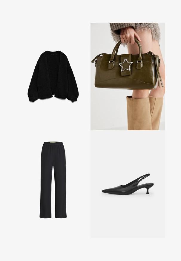 Juodas megztinis su raštuotu paviršiumi, atviru priekiu ir per didelėmis rankovėmis. Yra raukiniai ant rankovių ir apatinės dalies.; Pilkas trumpas rankovė t-shirt, pagamintas iš švelnaus medvilnės mišinio. Apvalus iškirpimas, laisvas siluetas su glotnia tekstūra ir minimalistišku dizainu.; Juodos plačios kojų kelnės su elastinga juosmens juosta, pagamintos iš minkštos medžiagos, pasižyminčios lygiu paviršiumi ir laisvu sijonu visame ilgyje.; Juodos odinės slingback bateliai su smailiu nosiu ir plonu, lenktu kulnu. Yra diskretiška reguliuojama juostelė su metaliniu sagtimi.; Alyvuogių žalios spalvos dirbtinės odos rankinė su sidabro žvaigždės akcentu, dviem rankenomis ir užtrauktuko uždarymu. Tekstūruotas paviršius ir struktūrizuota forma.