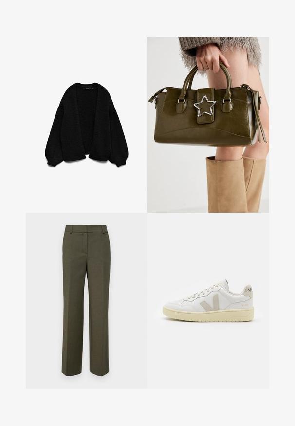 Cardigan de punto negro con un acabado texturizado, diseño de frente abierto y mangas extra grandes. Presenta puños y dobladillo acanalados.; Camiseta gris de algodón con cuello redondo clásico, mangas cortas y textura suave, ideal para un uso casual.; Pantalones ajustados de color verde oliva, hechos de una tela texturizada. Presentan un diseño de pierna recta con una parte delantera plana y sin adornos visibles.; Zapatilla de piel blanca con acentos de ante beige, caja de puntera perforada, cordones planos y suela texturizada en color crema. Cuenta con un branding sutil en el talón.; Bolso de mano de cuero sintético verde oliva con acento de estrella plateada, doble asa y cierre de cremallera. Superficie texturizada y forma estructurada.