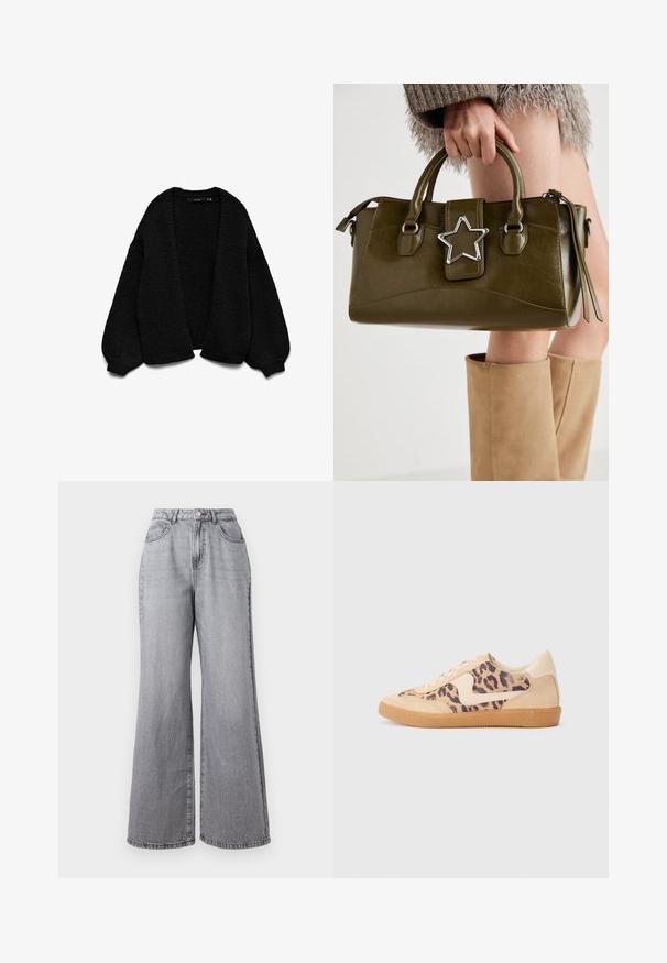 Black knitted cardigan with a textured finish, open front design, and oversized sleeves. Features ribbed cuffs and hem.; Grey cotton T-shirt featuring a classic crew neck, short sleeves, and a smooth texture, suitable for casual wear.; Light gray wide-leg jeans made from denim, featuring a high waist, five pockets, and a subtle faded texture. Metal button and zipper closure.; Leopard print sneakers with beige suede upper, tan rubber sole, and white accents. Round toe and lace-up design with a textured finish.; Olive green faux leather handbag with silver star accent, dual handles, and a zip closure. Textured surface and structured shape.