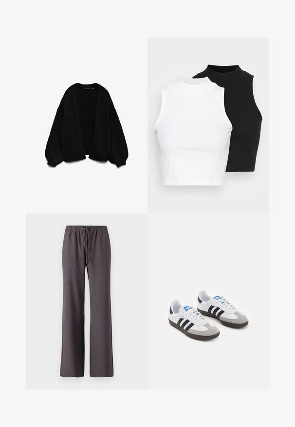 Cardigan de punto negro con un acabado texturizado, diseño de frente abierto y mangas extra grandes. Presenta puños y dobladillo acanalados.; Dos tops sin mangas de cuello alto en negro y blanco, con un diseño ajustado y una textura suave, de longitud cropped.; Pantalones rectos de color gris oscuro con cinturilla elástica y cordón delantero, exhibidos sobre un fondo blanco.; Zapatillas deportivas con parte superior de piel blanca, puntera de ante gris y tres rayas negras. Presentan un logo azul en la lengüeta y una suela de goma texturizada.